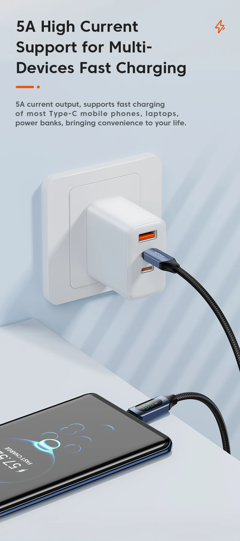 Toocki X03 100 W USB-C-auf-C-Kabel für iPhone 15 5 A, Digitalanzeige, Hochgeschwindigkeits-Typ-C-Kabel für Samsung, buntes Ladegerät, Datenkabel – Detail 4