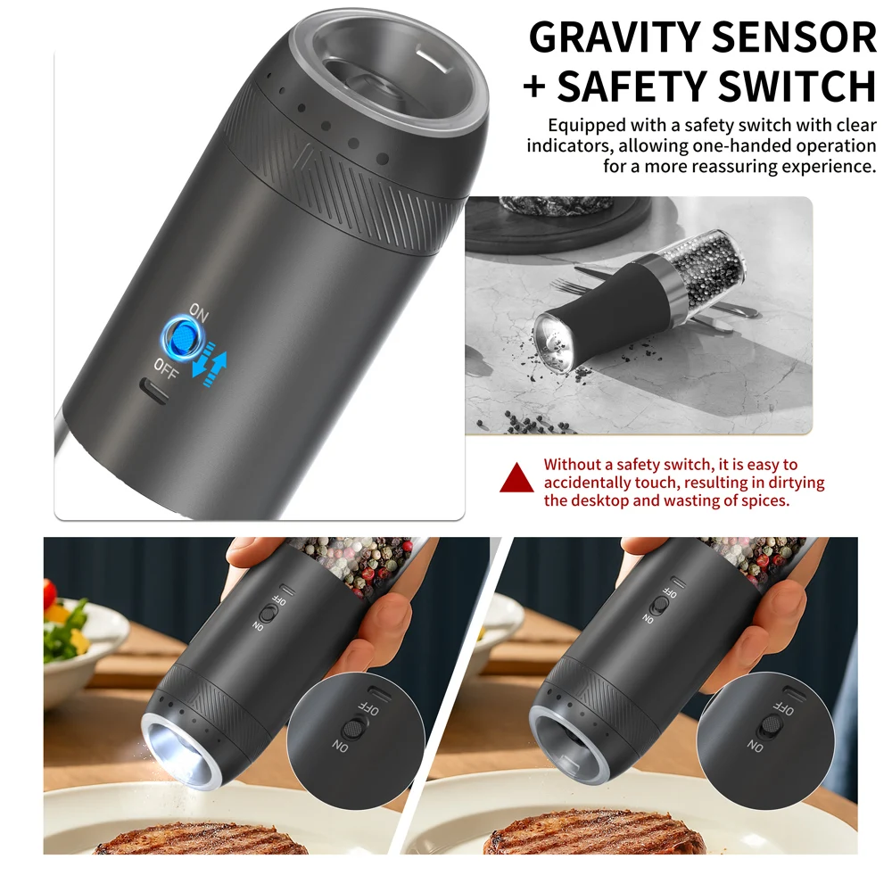 1/2PCS Electric Salt And Pepper Grinder with LED Light Gravity Sensing Adjustable Spice Mills Cordless Automatic Kitchen Gadget 3