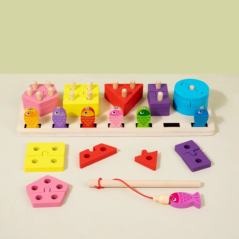 2-in-1 Wooden Early Learning Toys, Shape and Color Matching, Fishing Game, Infant and Toddler Puzzle Blocks, Enlightenment Set