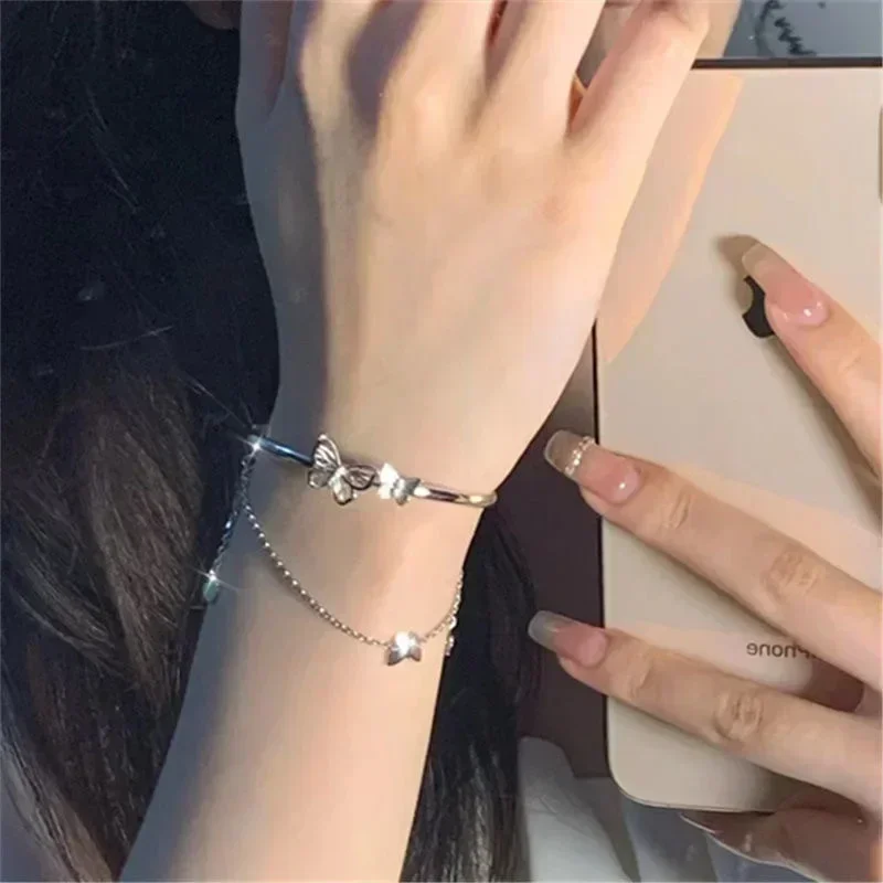 달콤한 술 나비 여자 팔찌 하트 더블 레이어 럭셔리 매력 팔찌 미적 액세서리 2024 새로운