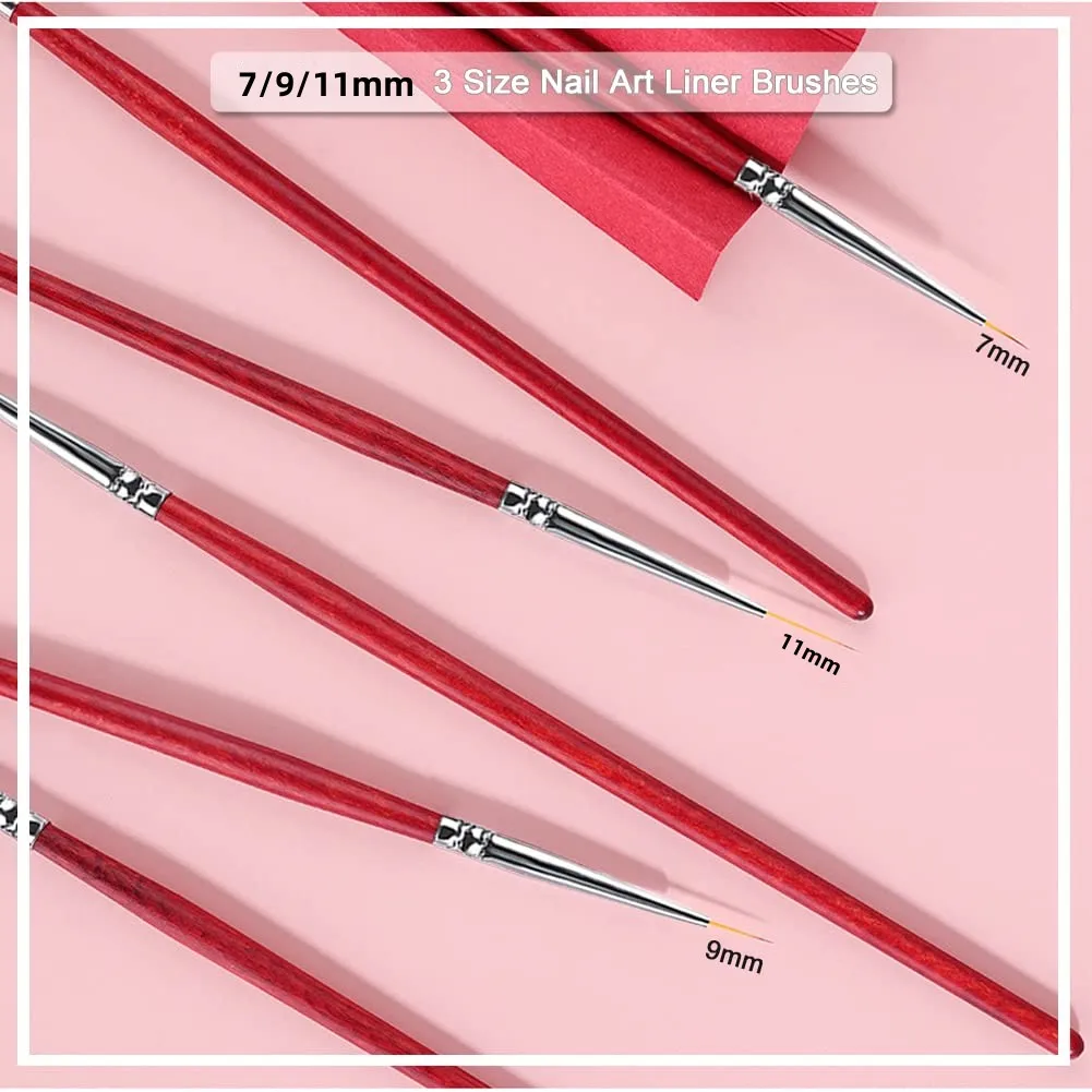 7/9/11mm Nail Art Liner Brushes Set 3Pcs Nail Art Brush Striping Brush for Thin Long Fine Lines Dotting Drawing Pen Wooden 5