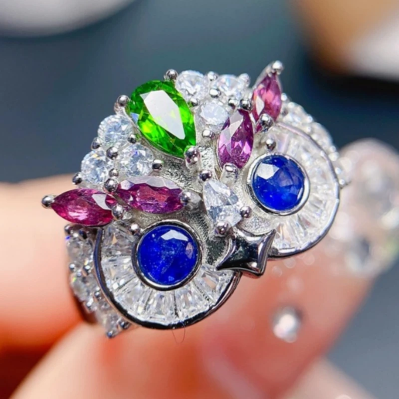 

100% 925 Silver Fashion Cute Natural Trend Black Opal Paired with Sea Blue Treasure Diopside Tourmaline Women's Ring Jewelry