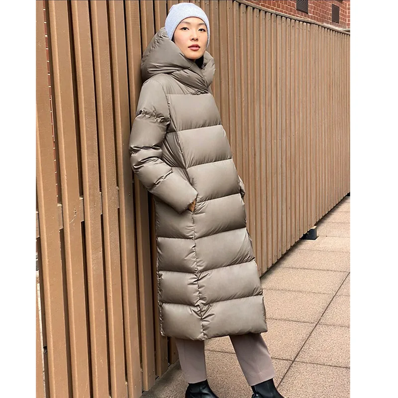 Down Jacket Women's Hooded Simple Version Cape 90 Goose Down Long Coat Thickened Cold Insulation Women