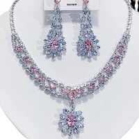 Women's Fashion Luxury Zirconia Crystal Pink Necklace Earrings Set Bracelet Jewelry Set Bridal Wedding Banquet Party Holiday 4