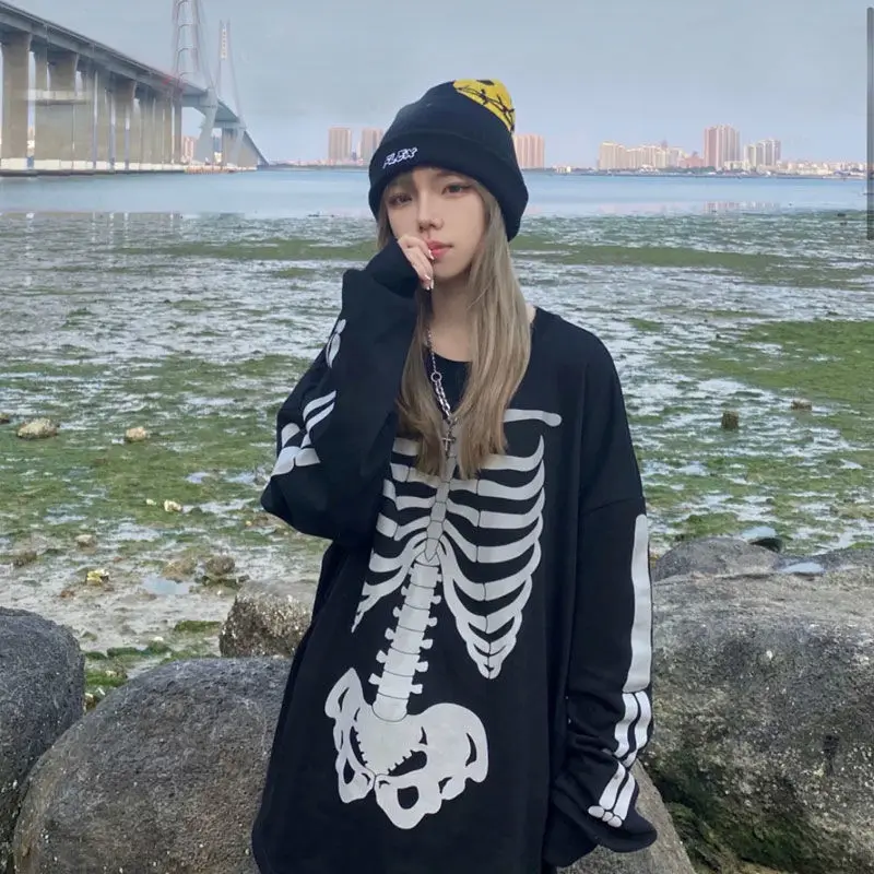 2022 New Skull Print T-Shirts Hip-hop Gothic Top Hoodies Black Tees Streetwear Harajuku Anime Tops Hoddies Y2k Women Clothing