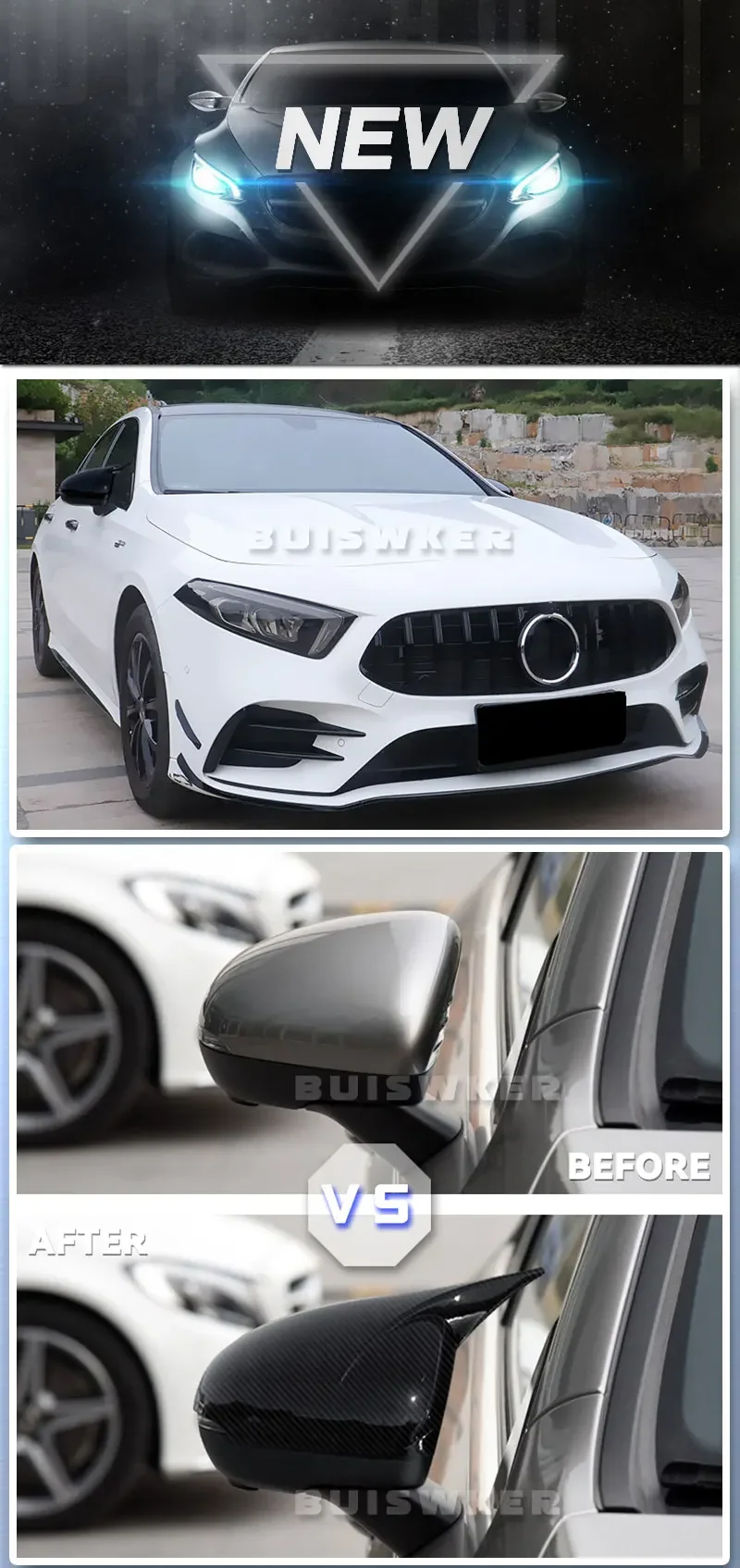 Seitenspiegelkappenabdeckungen für Mercedes Benz A-Klasse W177 A180 A200 A220 A250 2019+ Schwarz ersetzen – Detail 1