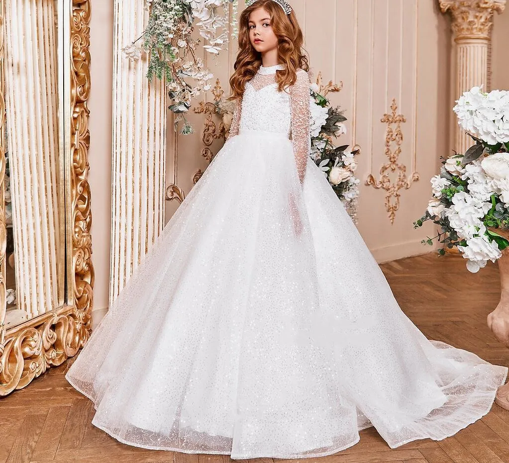 

White Sparkly Flower Girl Dress for Wedding Long Sleeves Kid Party Gown First Communion Dress Kid Size 1-16T