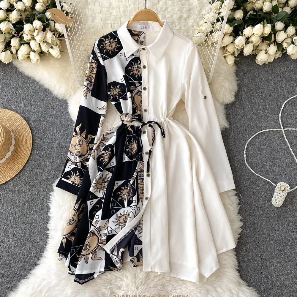 

SISHION Fashion Print Patchwork Mini Short Dress Summer Elegant Casual Lace up Women Shirt Dress Femme Vestidos SR604