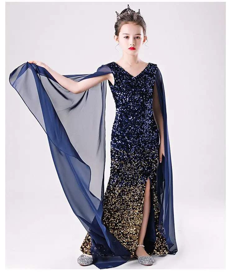 

Ribbon Sexy Sequins Kid Evening Dress Children Girl Bodycon V-neck Ball Gown Birthday Long Elegant Mermaid Wedding Party Dresses