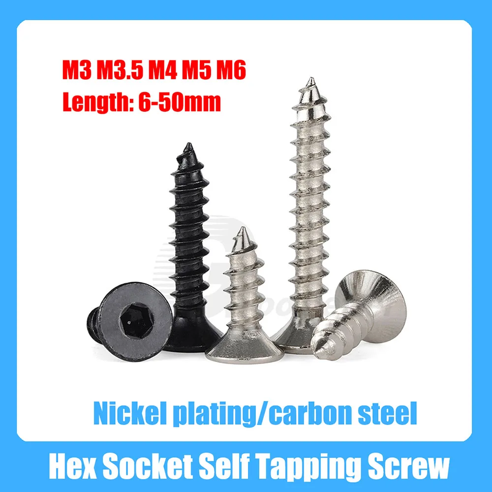 

10/20/50Pcs Hex Socket Flat Countersunk Head Machine Screws M3 M3.5 M4 M5 M6 Alloy Steel Self Tapping Wood Bolt Screw
