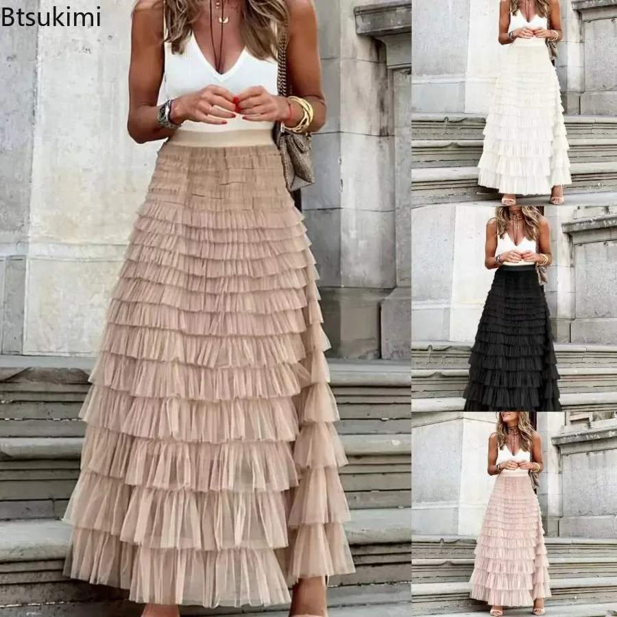 New 2024 Women's Elegant Long Skirt Layered Ruffles Design Elegant Maxi Dress Women Commuting Party Attire Autumn Elegant Skirt new fashion polka dots summer skirts women elegant high waist ruffles cake jupe longue femme sexy side slit chiffon beach skirt