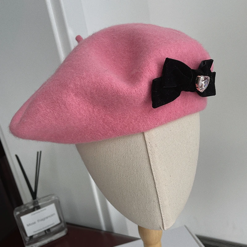 Pink Wool Beret Hats for Women Winter Warm French Artist Hats Sweet Beanies Hats Plain Berets Lady Black Friday Sale 2022 2