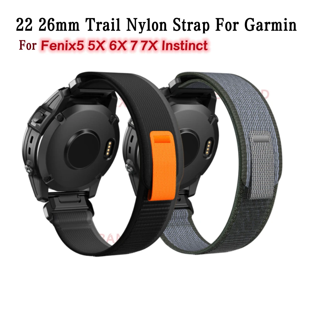 

For Garmin 22 26mm Trail Easy Fit Nylon Strap For Fenix5/5XPlus/6/6XPro/7/7X/3HR Watch Band Tactix7 Pro Bracelet Instinct 2 Belt