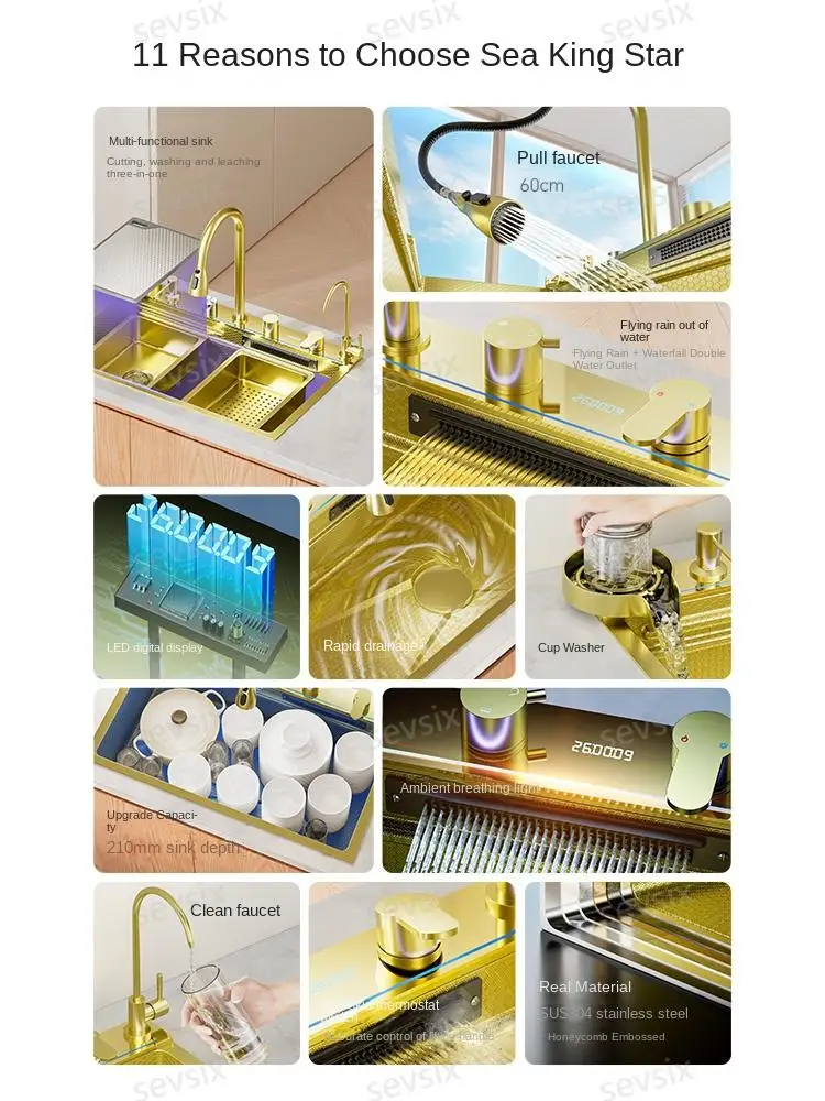 5mm Waterfall Kitchen Sink Honeycomb Technology Large Digitial Display Stainless Steel Sink