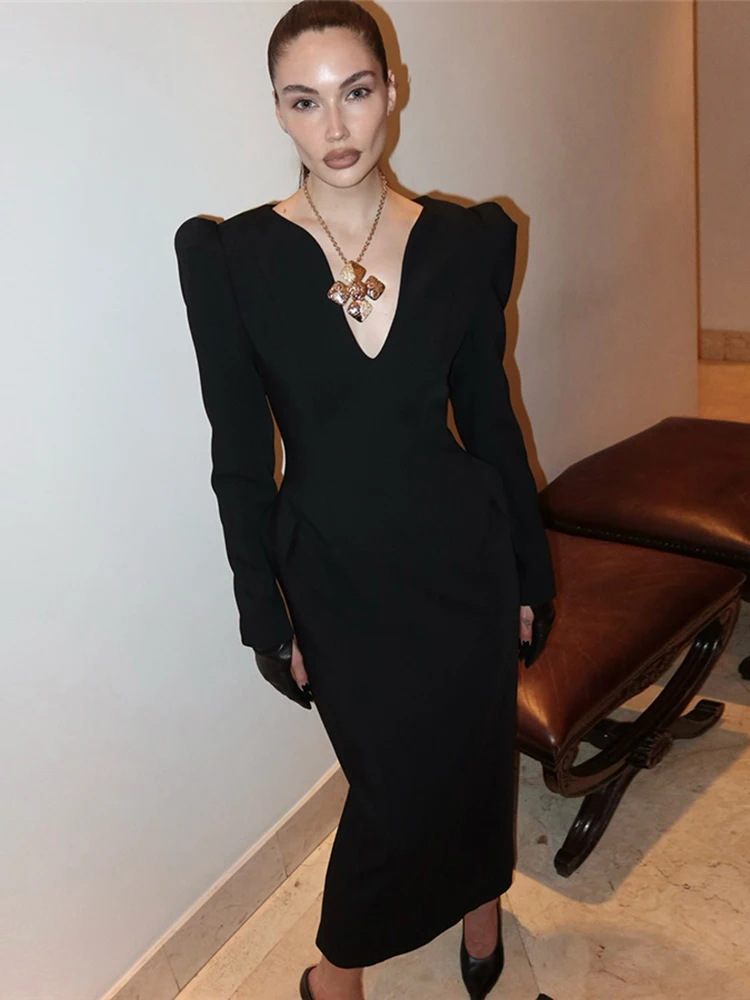 Nibber Basis v-Neck Maxi Dress Women Long Sleeve Solid Skinny Elegant Chic Autumn New Trend Simple Classic Prom Party Vestidos