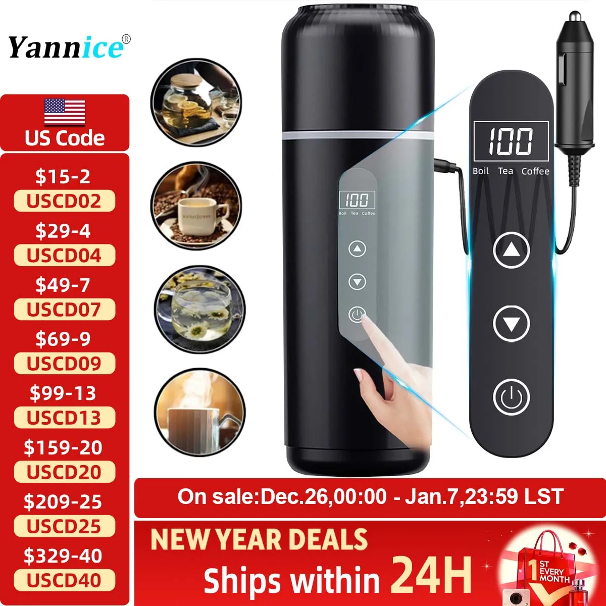 Electric kettle 12V 24V portable car heating cup 500 ml travel heating smart stainless steel insulation artifact OLED display