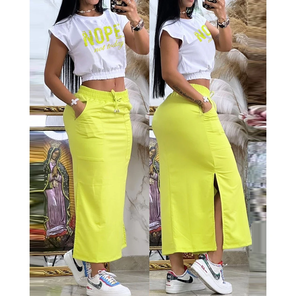 VC Stylish Green Print Ensemble One-Shoulder High Slit Two-Pieces Dress Set for Summer Galas