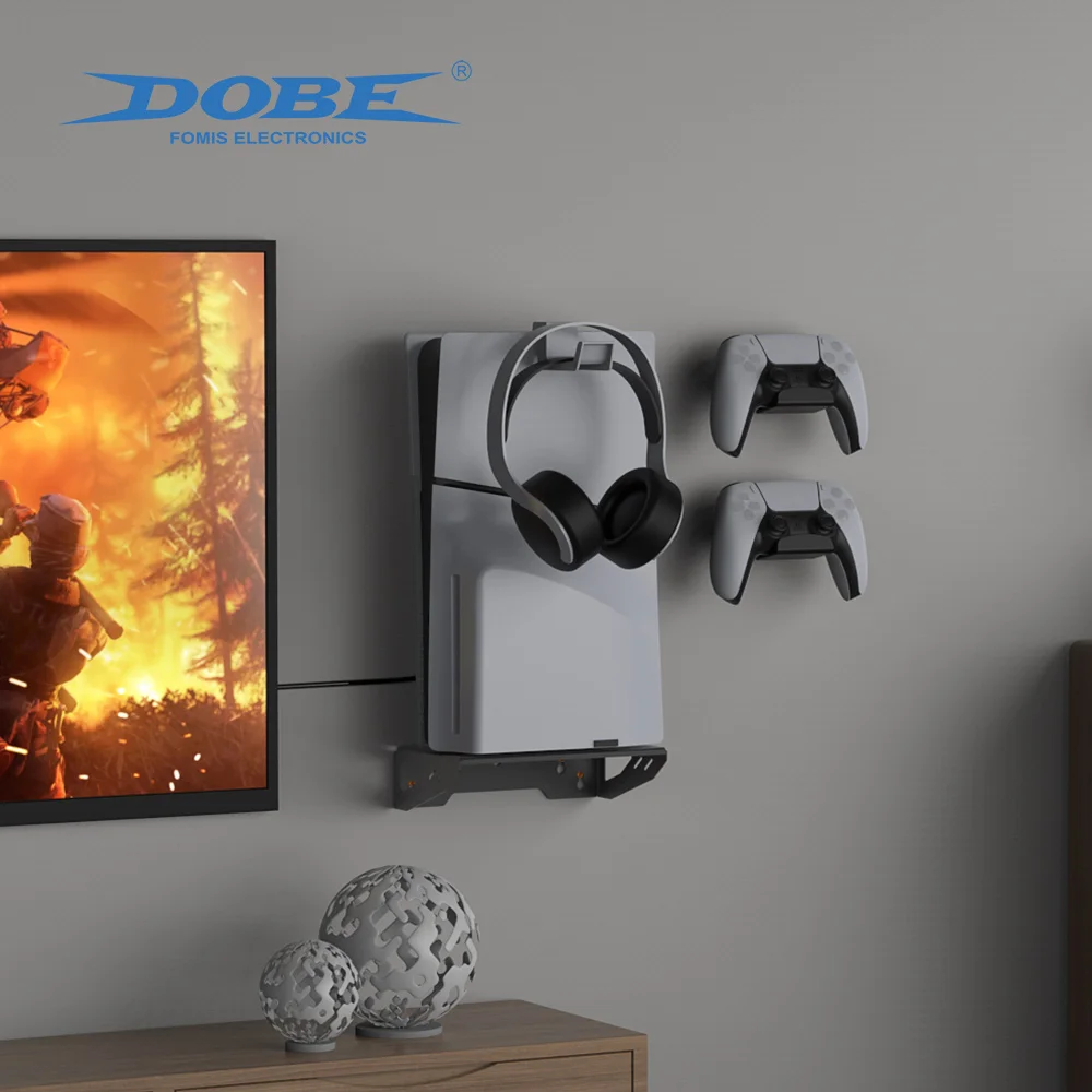 DOBE TP5-3502 Wall Mount for PS5 Slim/PS5 (Disc and Digital), Steel Wall Bracket with 1 Headset Holder and 2 Controller Hooks