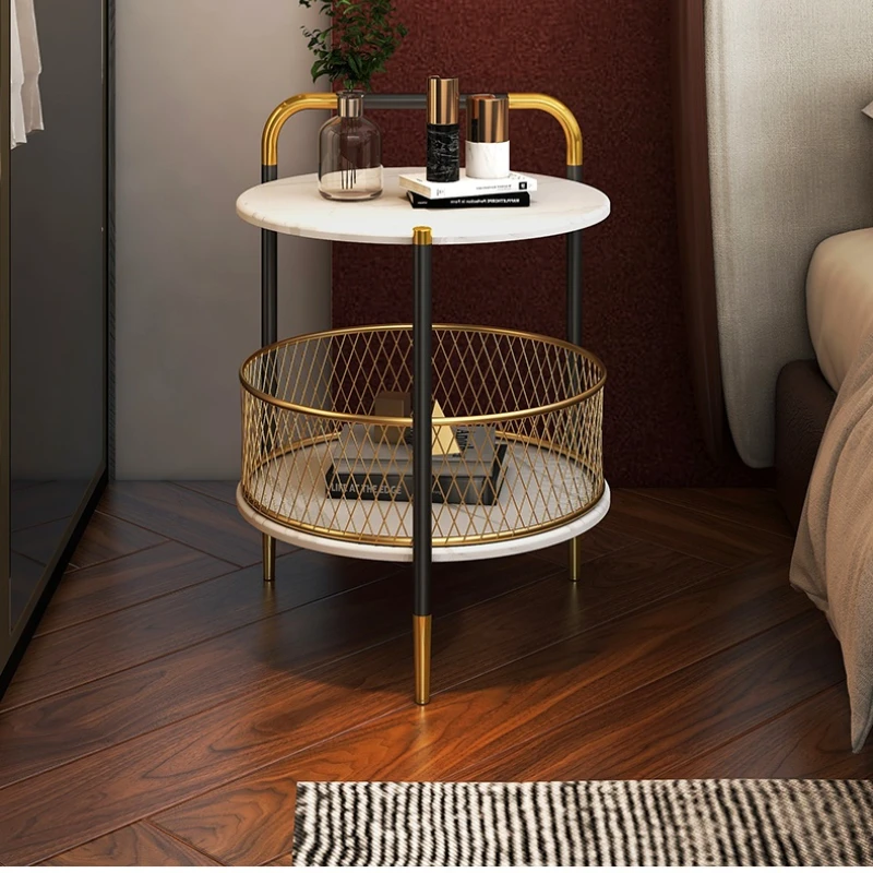 

Household Light Luxury Sofa Side Table Cabinet Two Layers Storage Basket Bedroom Bedside Desk Living Room Slate Round Table