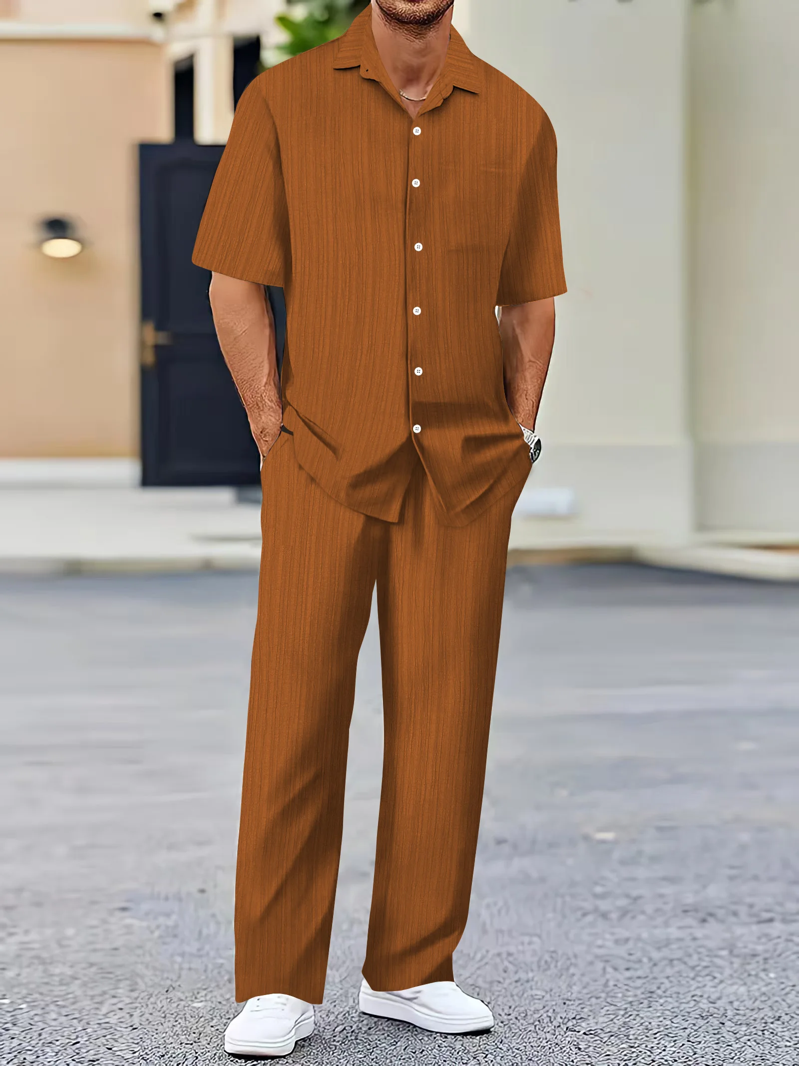 European and American men's shirt set solid color vertical strip lapel short-sleeved casual pants home daily beach set 4