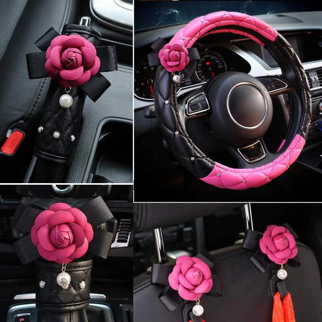 Coprivolante con fiore di camelia rosa stile auto accessori interni per auto  ornamenti cintura di sicurezza
