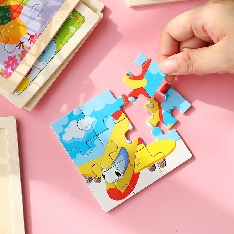 9 Pieces Montessori Wooden Kid Toy 3D Children Education Materials Cartoon Dinosaur Transportation Puzzles Learning Toys 4