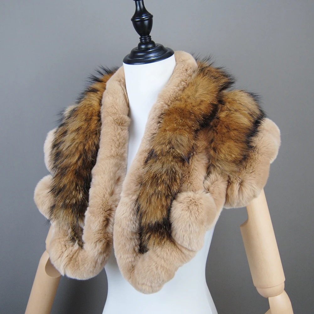 Genuine Rex Rabbit Fur Scarf With Fox Fur Women Winter Warm Scarves Trendy Elegant Natural Rex Rabbit Ring Scarves Female