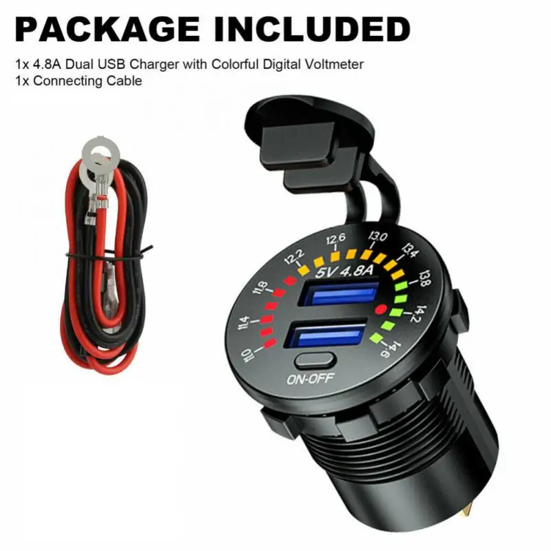 Ursuniot 차량용 듀얼 USB QC3.0 충전기, 12V 오토바이 USB 콘센트, 빠른 충전 전원 소켓, 다채로운 디지털 전압계 포함, 36W