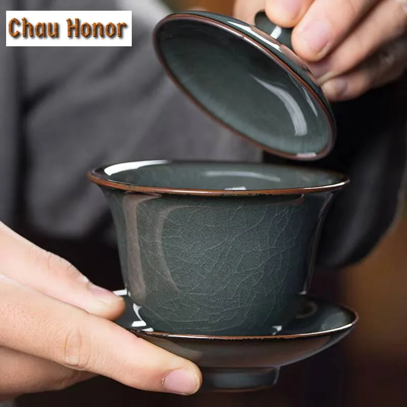 150ml Longquan Celadon Iron Tire Sancai Cover Bowl Ceramic Househol ice crack Tea Cup Kung Fu Teaset Tea Ceremony Drinkware Gift