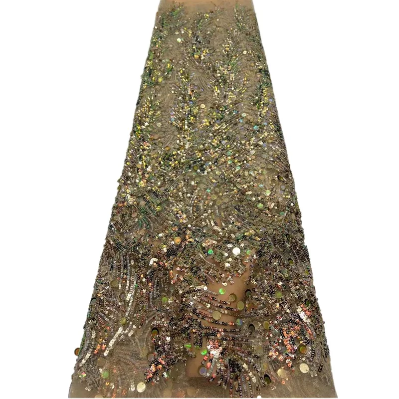 

JPXB African Embroidery Tulle Lace Fabric Luxury Sequins High Quality French Mesh Lace Fabric 5 Yards for Wedding Dress
