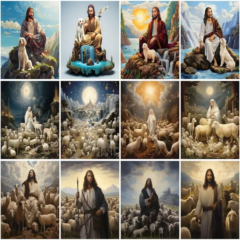 CHENISTORY Full Diamond Mosaic Jesus And The Lamb 5D Diamond Embroidery Painting Portrait Arts And Crafts Pictures For The Home diamond painting