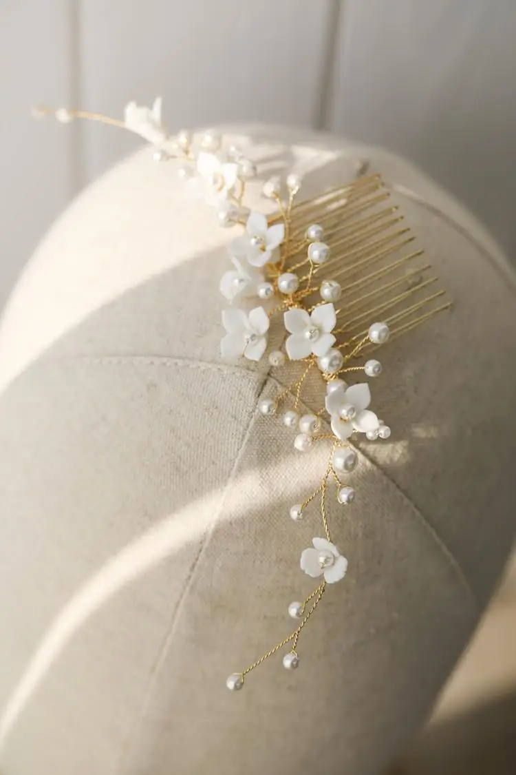 White Porcelain Flower Hair Combs Pins Party Dress Headdress Hairpins Women Headpieces Bride Bridal Jewelry Wedding Accessories