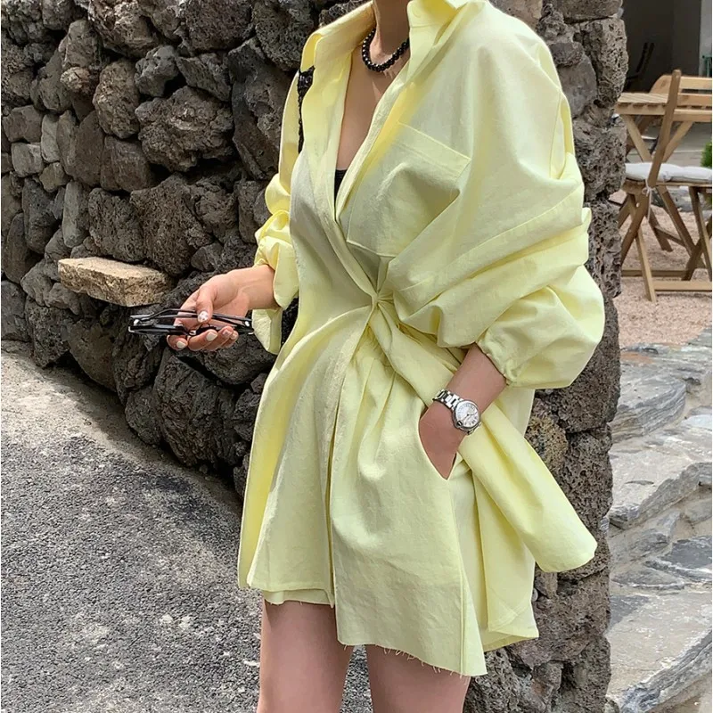 

2023 Korea Chic Spring Two Piece Set Women Casual Single-Breasted Loose Long Shirt Tops + High Waist Wide Leg Shorts Outfits