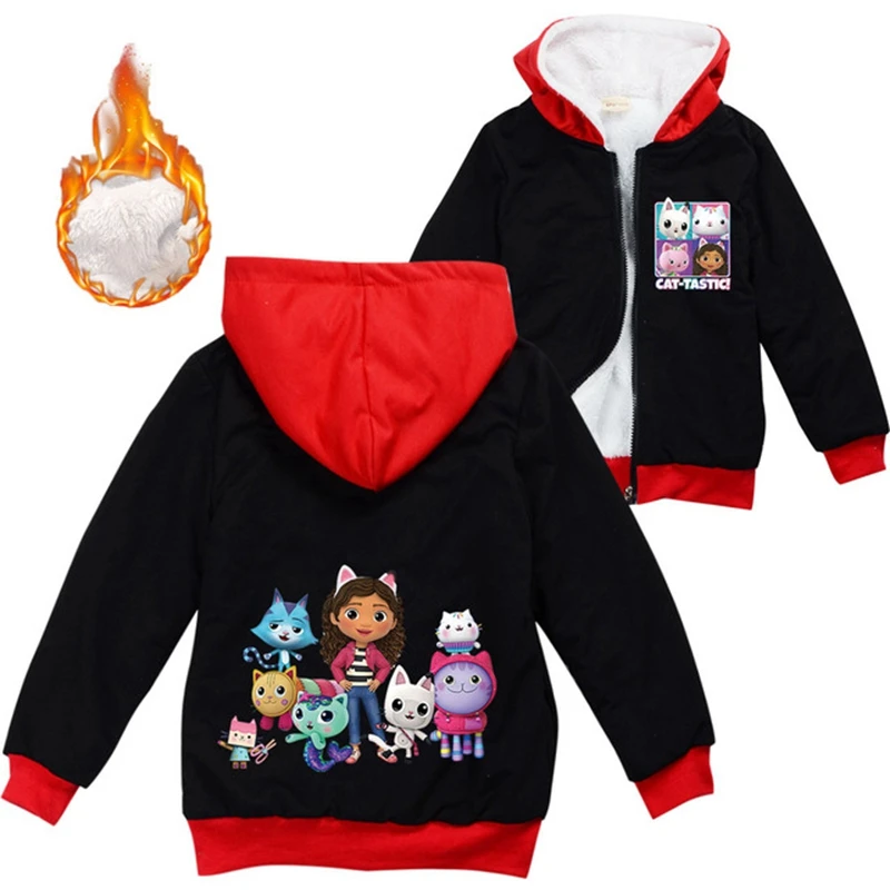 Gabby\'s Dollhouse Teenager Boys Clothes Kids Warm Thick Velvet Hoody Jacket Gabby Cats Baby Girls Zipper Jackets Children\'s Coat