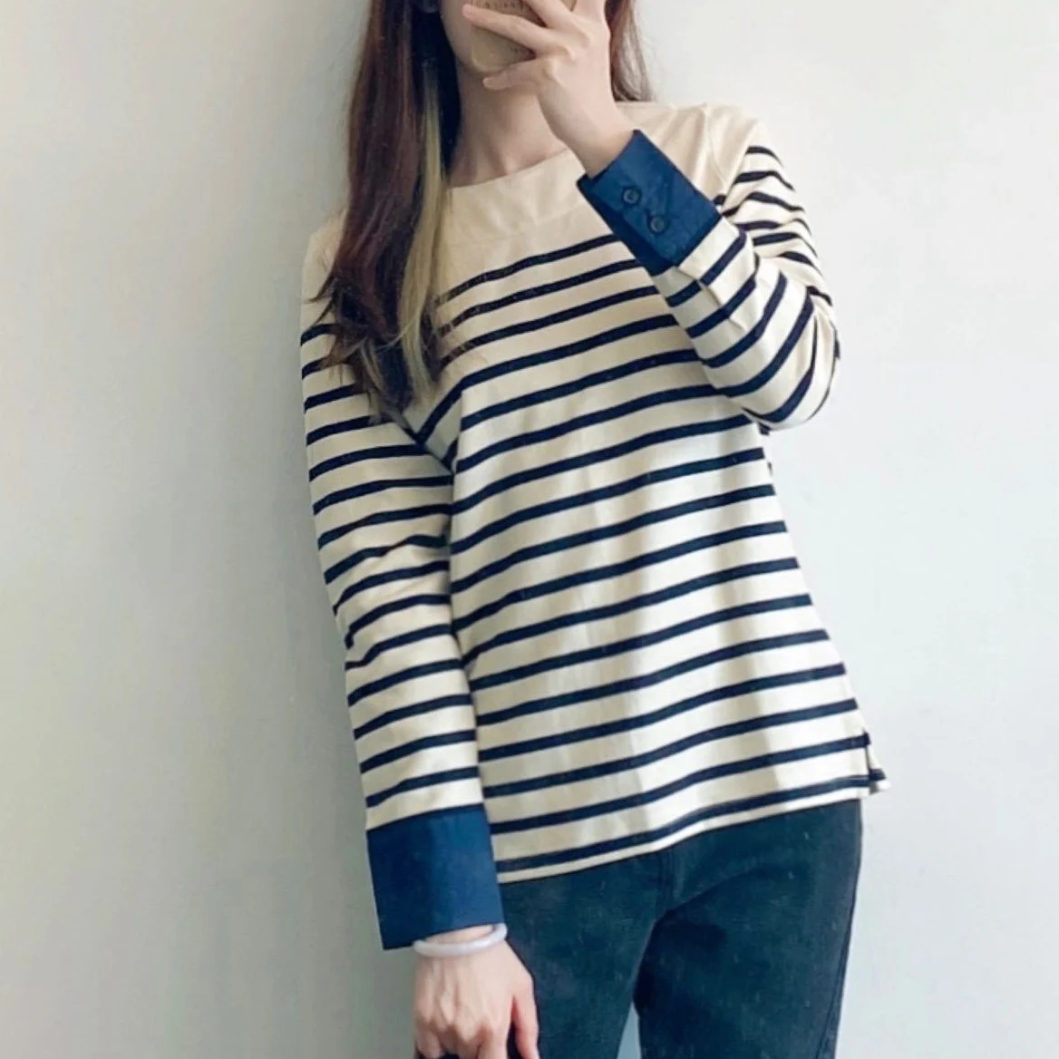 

Женская хлопковая футболка с длинным рукавом и воротником-лодочкой