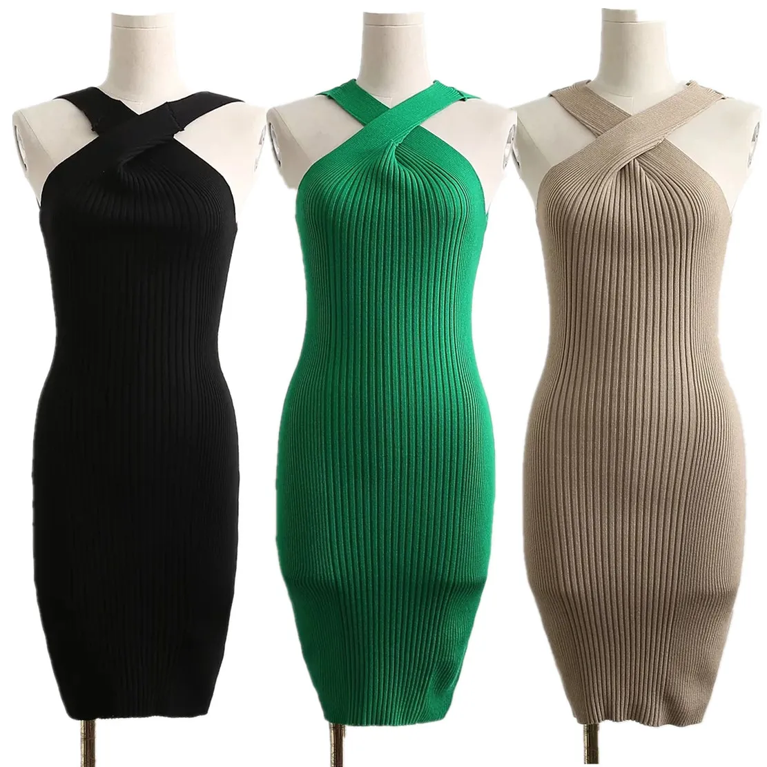 Jenny&Dave Ins Blogger Sexy Halter Mini Summer Dress Women Fashion High Street Retro Solid Sheath Knitted Dress Women