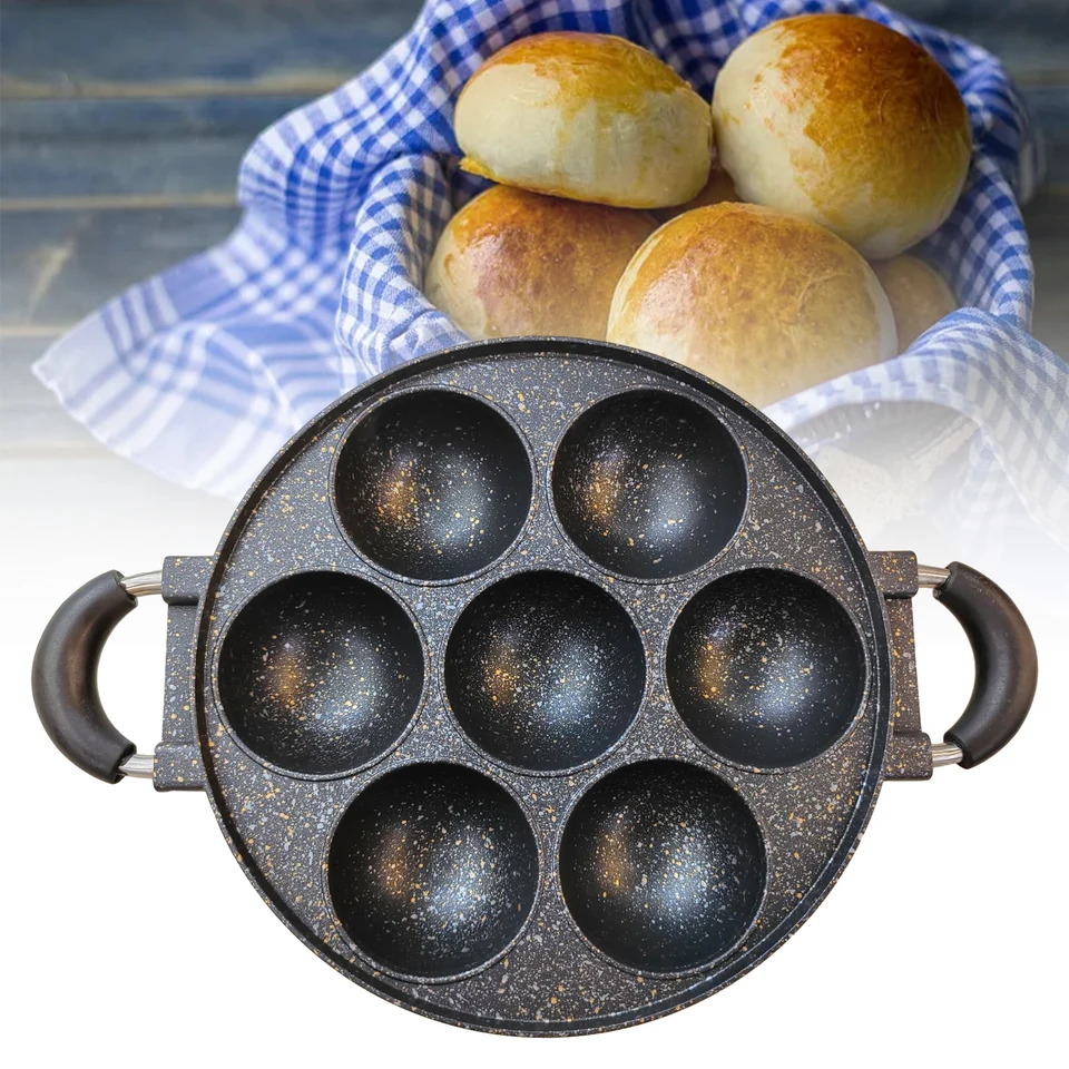 Bacocoo 7-Hole Takoyaki Pan - Large Aperture Nonstick Japanese Pancake Maker With Glass Lid, For Gas Stove, Black Aluminum, 15.35x11.02 Inches