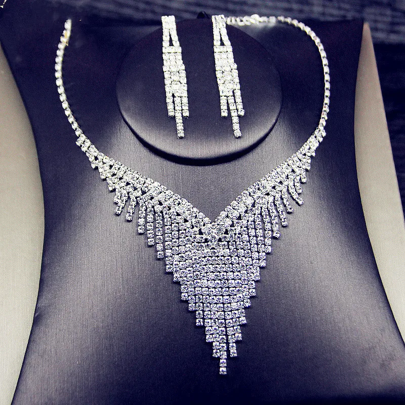 FYUAN Geometric Rhinestone Necklace Earrings For Women Long Tassel Jewelry Sets Ladies Weddings Banquet Accessory jewelry sets,jewelry set,women earrings,chain necklace