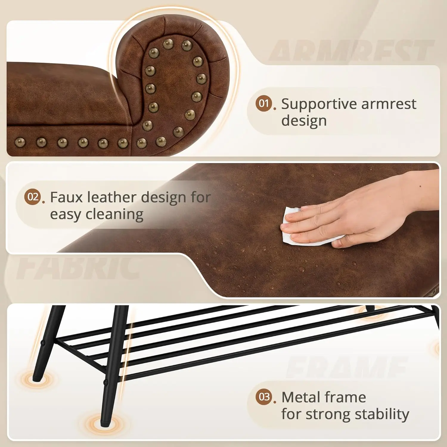 45.3" End of Bed Bench, Modern Bedroom Leather Upholstered Shoe Benches, Ottoman with Stable Metal Frame and Solid Shelf