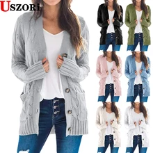 

Women Knitted Cardigan Sweater Autumn Winter V-Neck Button Long Sleeve Sweaters Coat Casual Pockets Solid Femme Knitwear Coat