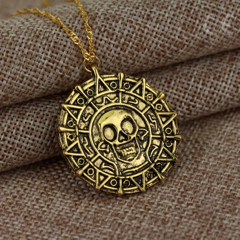 Pirates Of The Caribbean Skeleton Skull Pendant Gold/Bronze Plated Vintage Men Statement Necklace Gifts