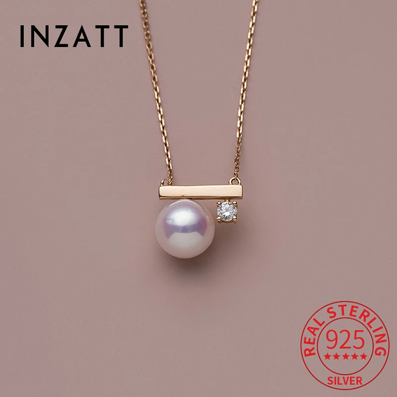 

INZATT Light Luxury 925 Sterling Silver Plated 14K Gold Round Pearl Pendant Choker Necklace Female Cute Temperament Fine Jewelry