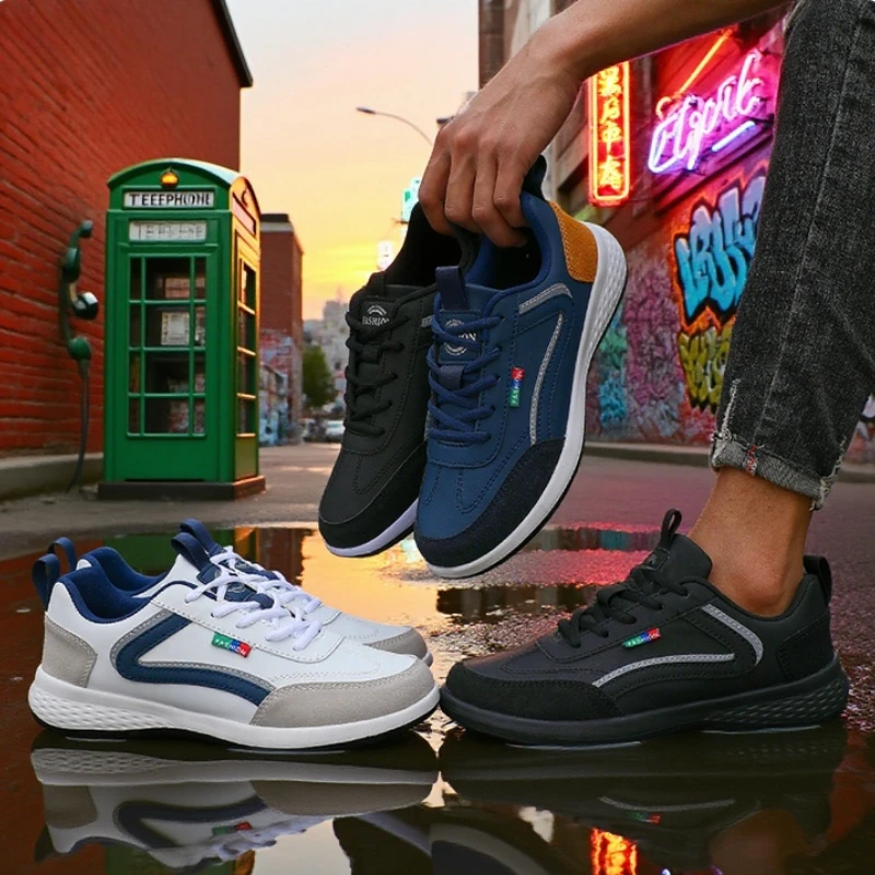 Fashionable Black Sports Shoes Men's 2025 Lace Up Casual Lightweight Breathable Flat Shoes Comfortable Men's Vulcanized Shoes