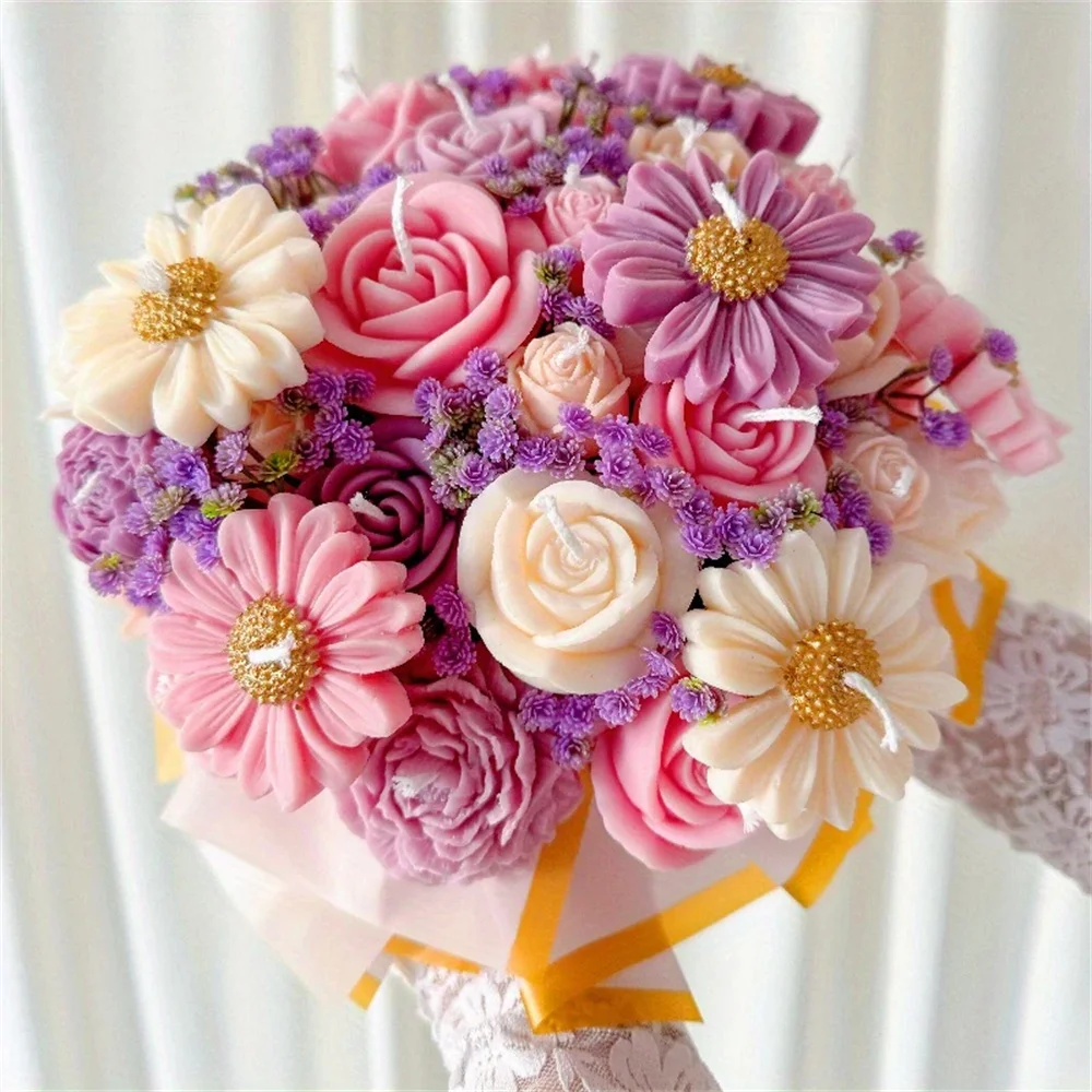 33PCS DIY Rose Bouquet Candle Silicone Mold Handmade Peony Bouquet Soy Wax Candle Making Tool Birthday Gift Wedding Home Decor