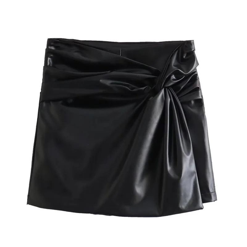 

New Women Artificial Leather Skirt Fashionable High Waisted Asymmetrical Mini Skirt Trendy Party And Vacation Short Skirt