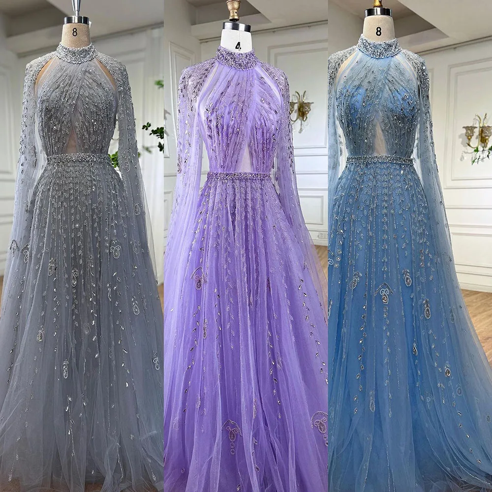 Serene Hill Dubai Arabic Luxury Nude A Line Beaded Evening Dresses With Cape Sleeves Gowns For Women  Wedding Party 2023 LA71803