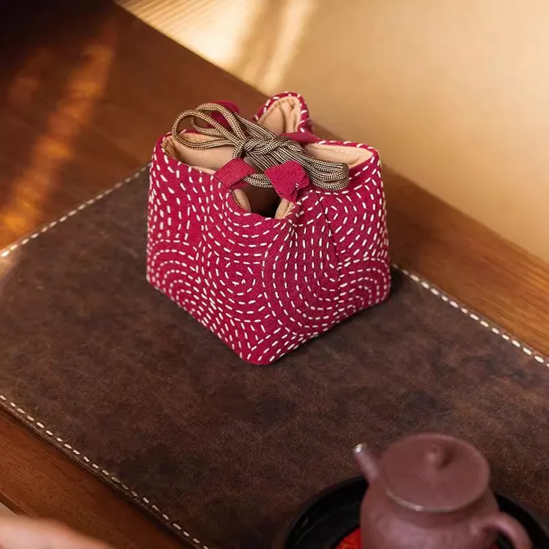 Chinese Vintage Sashiko Embroidery Tea Cup Pouch Thickened Travel Storage Bag for Zisha Teapot & Tea Set, Tea Accessories Organi