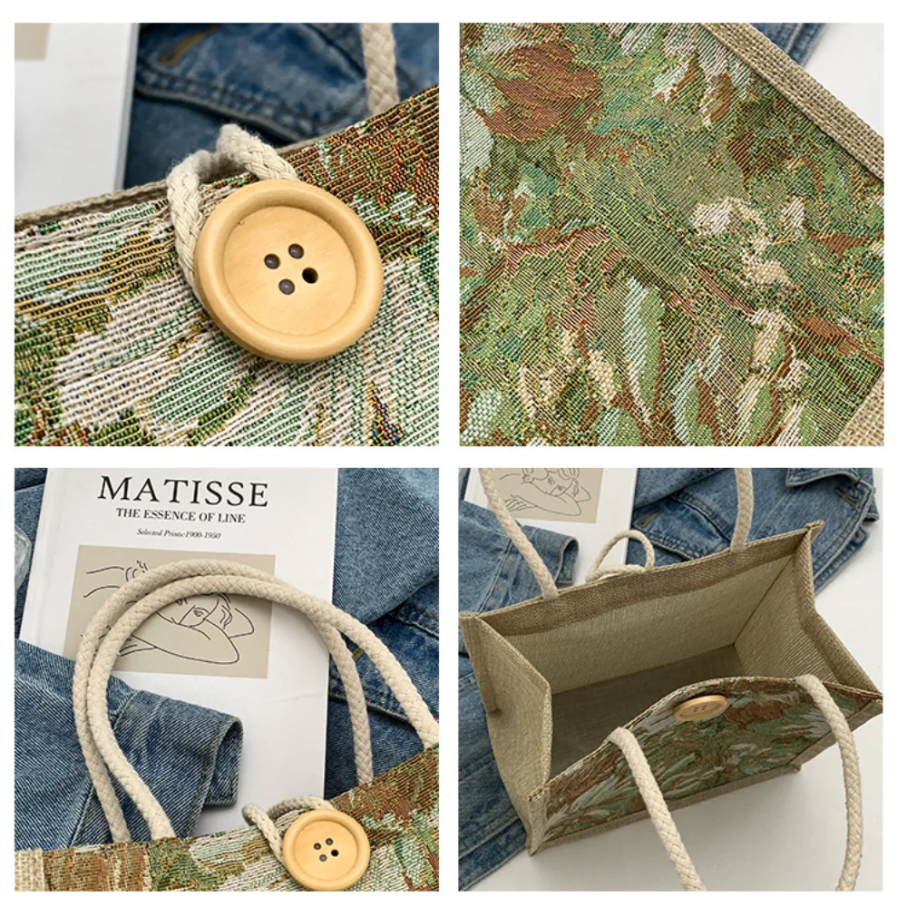 New Women Linen Handbag Flower Print Gift Packing Pouch Lunch Bag Large Capacity Tote Reusable Eco-Friendly Shopping Bag