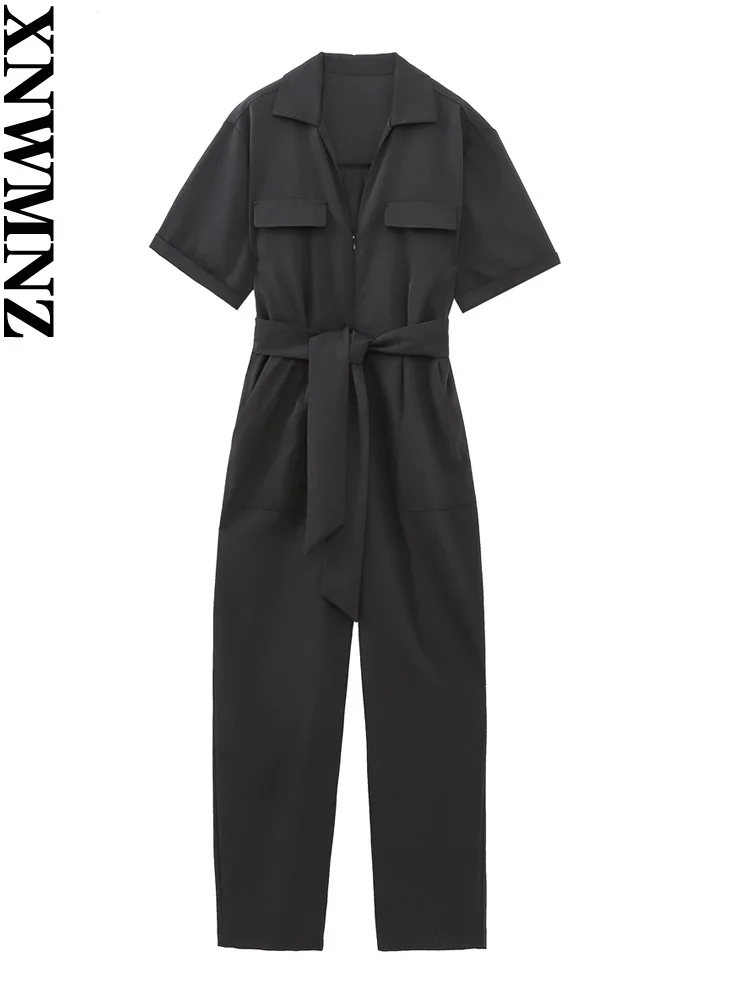 XNWMNZ 2023 Women fashion belt zipper jumpsuit Woman retro lapel short-sleeve pocket female chic jumpsuit