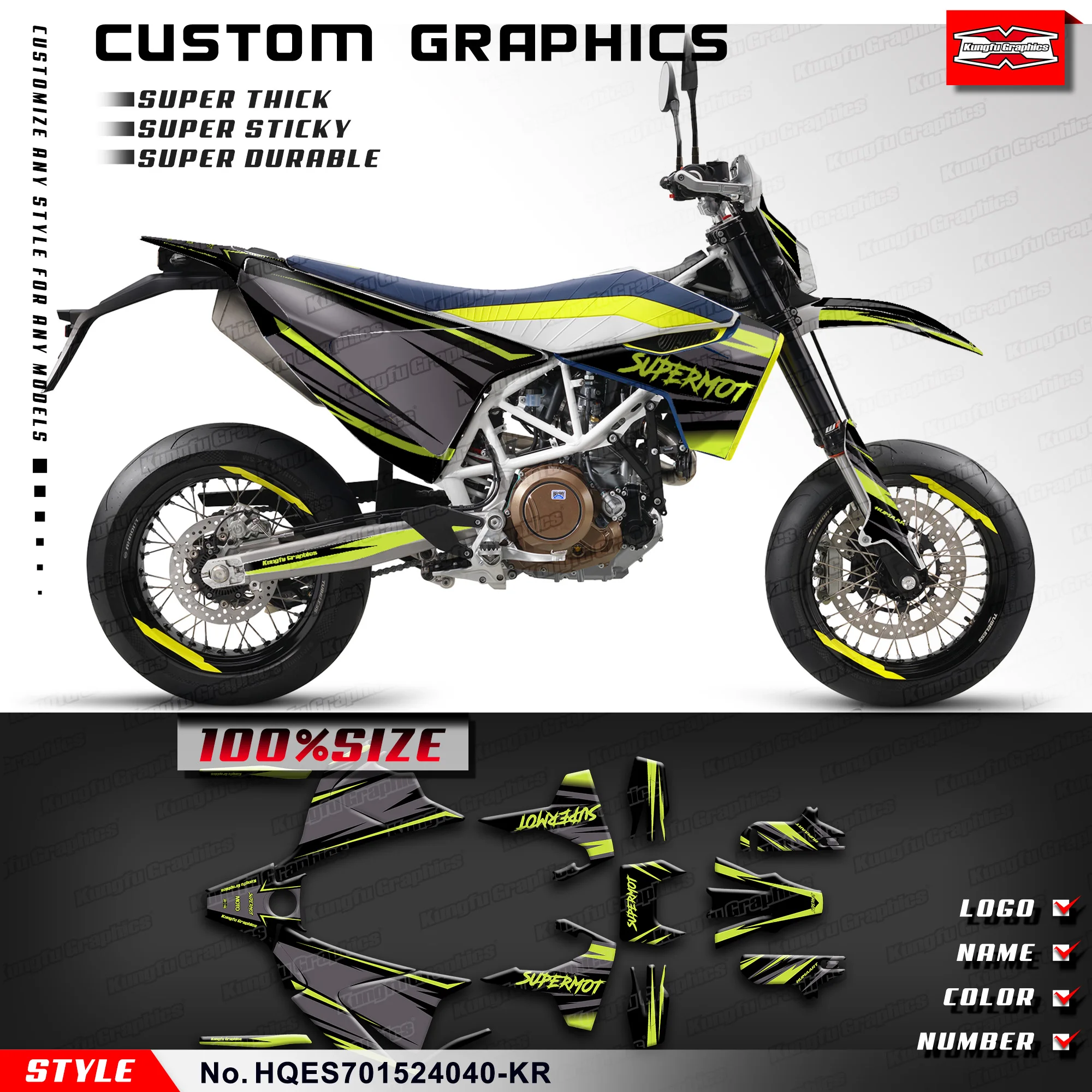 

Наклейки для мотоциклов KUNGFU GRAPHCS, ламинированные наклейки для Husqvarna Enduro Supermoto 701 2015-2024, HQES701524040-KR